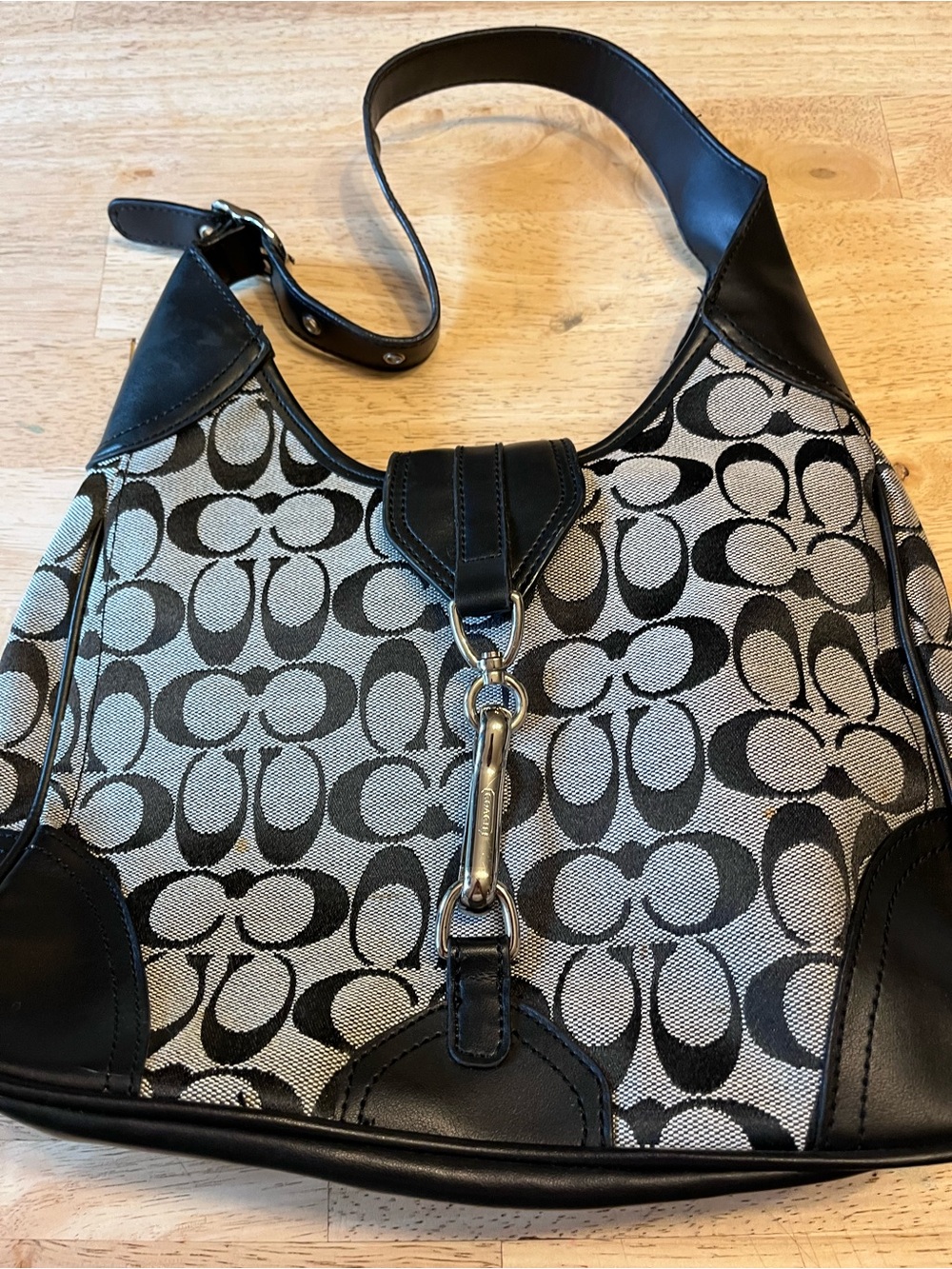 Coach Black and Gray Signature Canvas Hobo Shoulder Bag